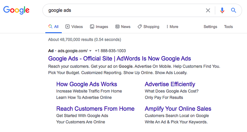 Screenshot of an ad on the Google Search results page