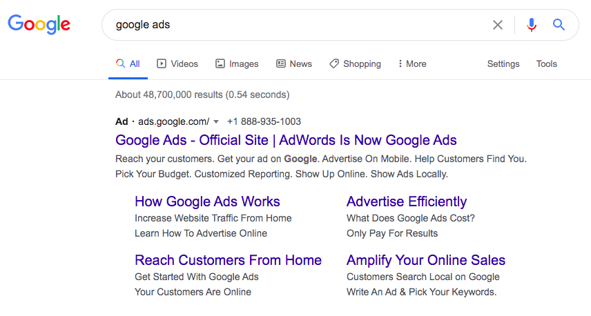 Screenshot of an ad on the Google Search results page